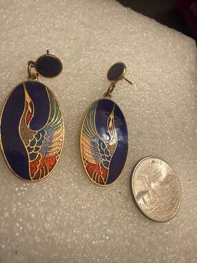 Vintage Cloisonne Enamel Art Deco Dangle Drop Earrings -